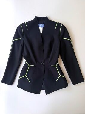 Vintage 1990s Thierry Mugler Blazer Black w/ Neon Green Honey Comb Contrast 38 6